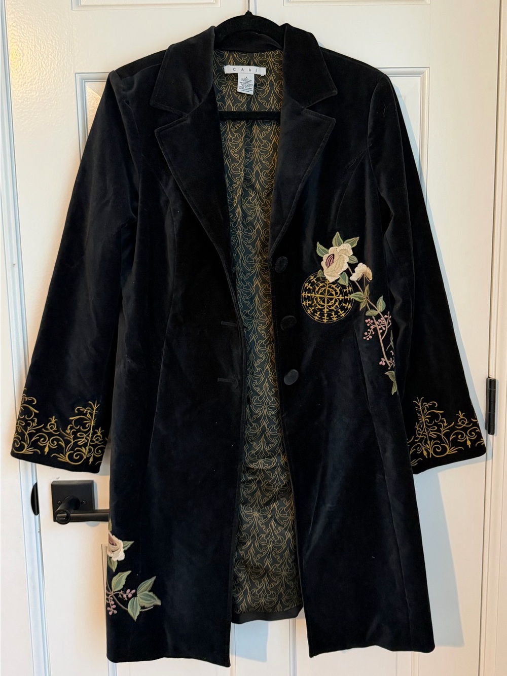 CAbi Black Velvet Embroidered Trench Coat